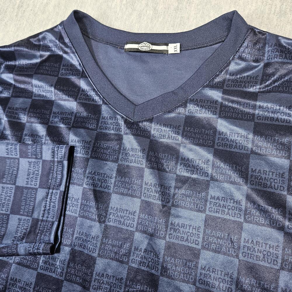 Vintage MARITHE FRANCOIS GIRBAUD Shirt Men 2XL Blue V-Neck Checkerboard Made USA